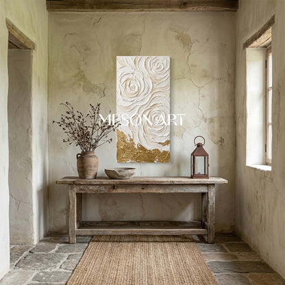 Vertical 3D White Rose Canvas Art | Gold Foil Plaster Wall Decor