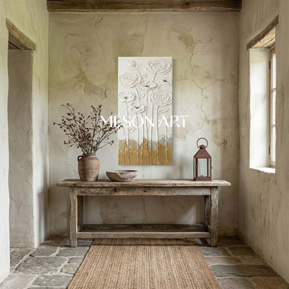 Large Plaster Floral Art on Canvas Textured Minimalist Wall Decor