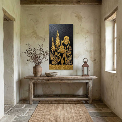 3D Textured Foxglove Iris And Fern Wall Art, Luxury Dark Forest Decor For Entryway