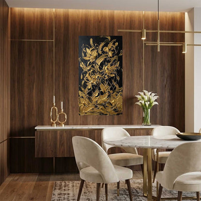 3D Gold and Black Abstract Textured Painting, Abstract Floral Canvas Art