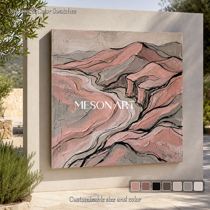 Pink Abstract Mountain Art For Modern Living Room And Bedroom Decor With Gold Frame