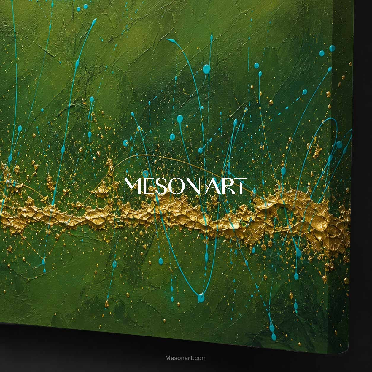 Green And Gold Abstract Painting With Textured Relief For Modern Living Room Decor