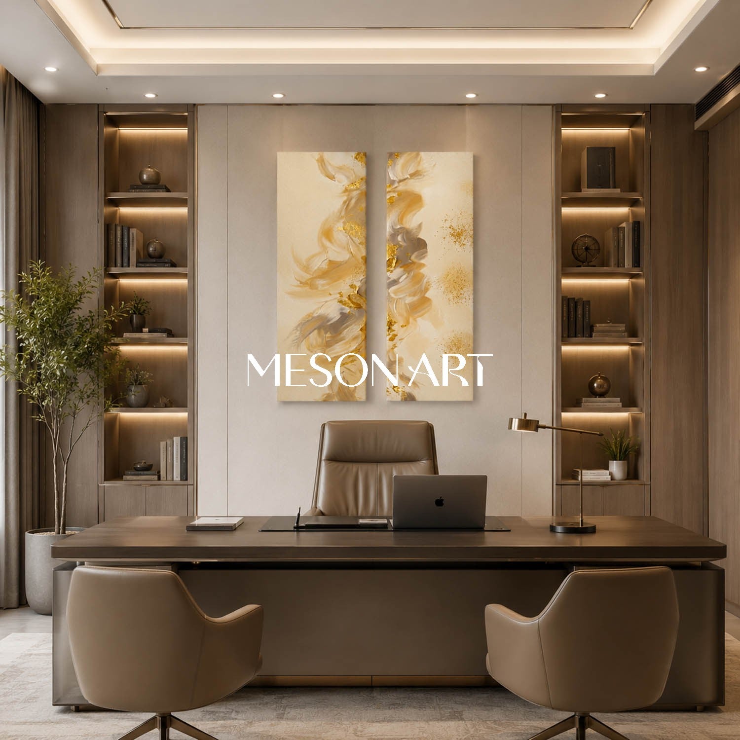 Luxury Gold Leaf Abstract Diptych Beige Textured Oil Painting For Living Room
