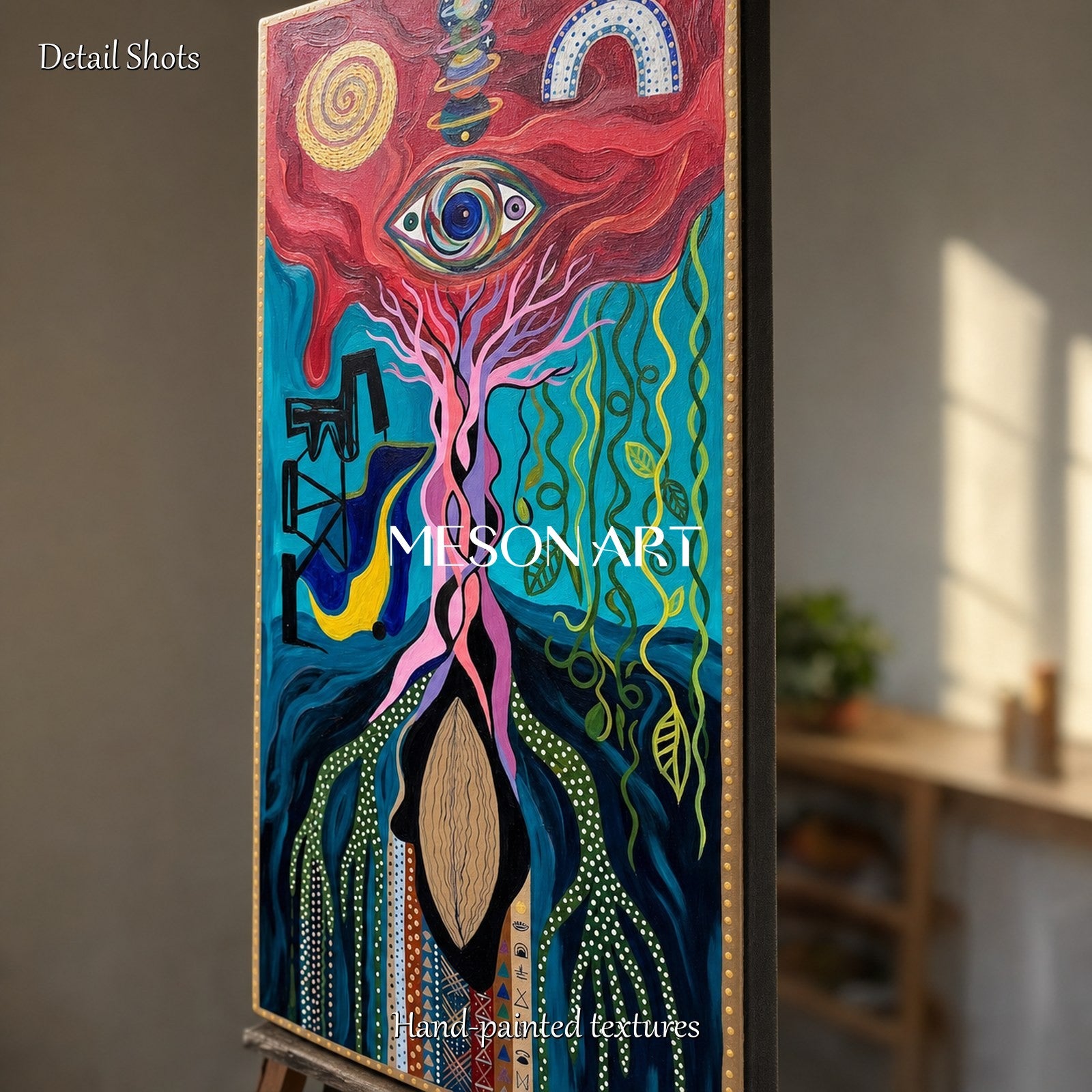 Surrealist Cosmic Eye Painting With Mystical Roots For Modern Eclectic Living Room Decor