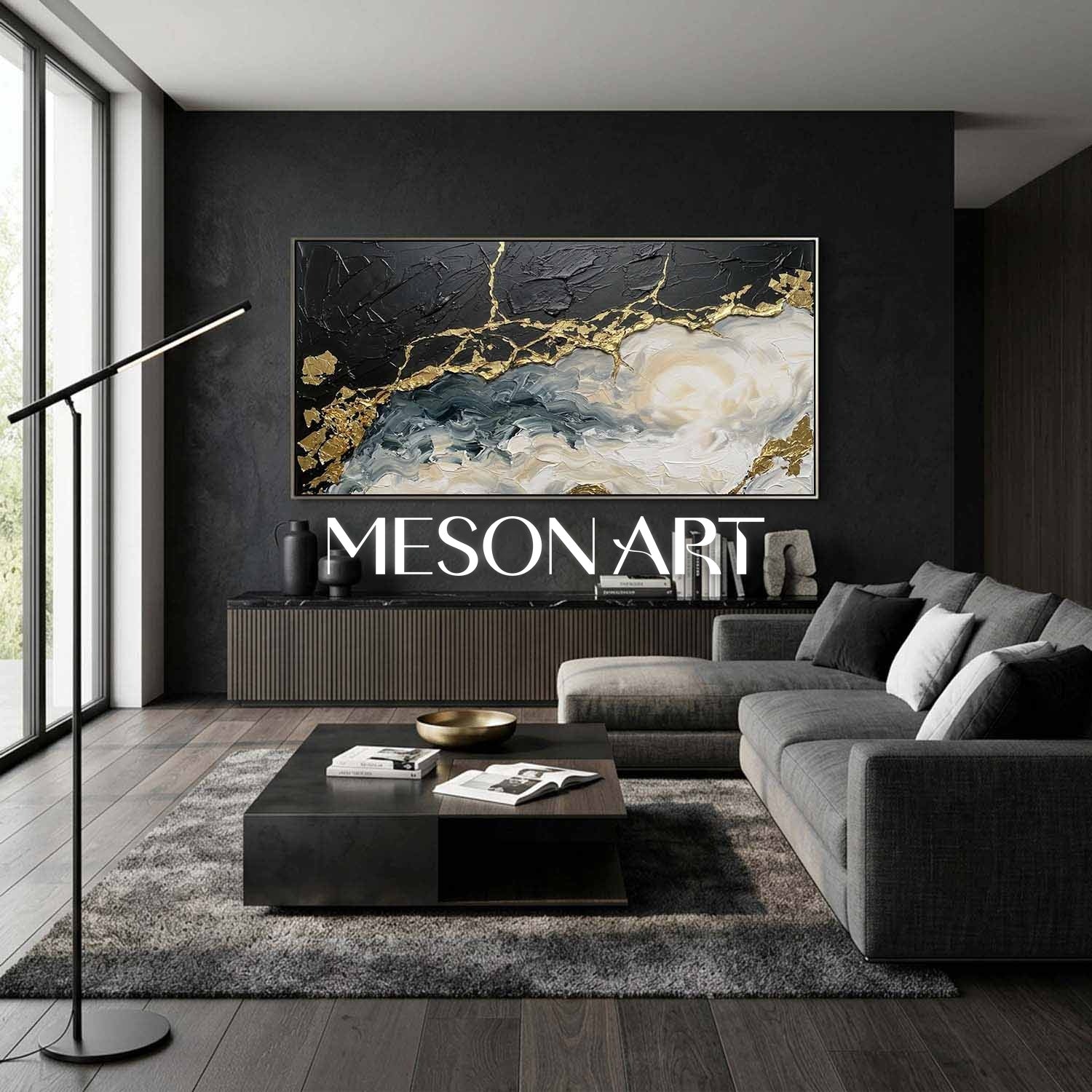 Large Black And Gold Abstract Painting With Plaster Texture For Modern Living Room Decor