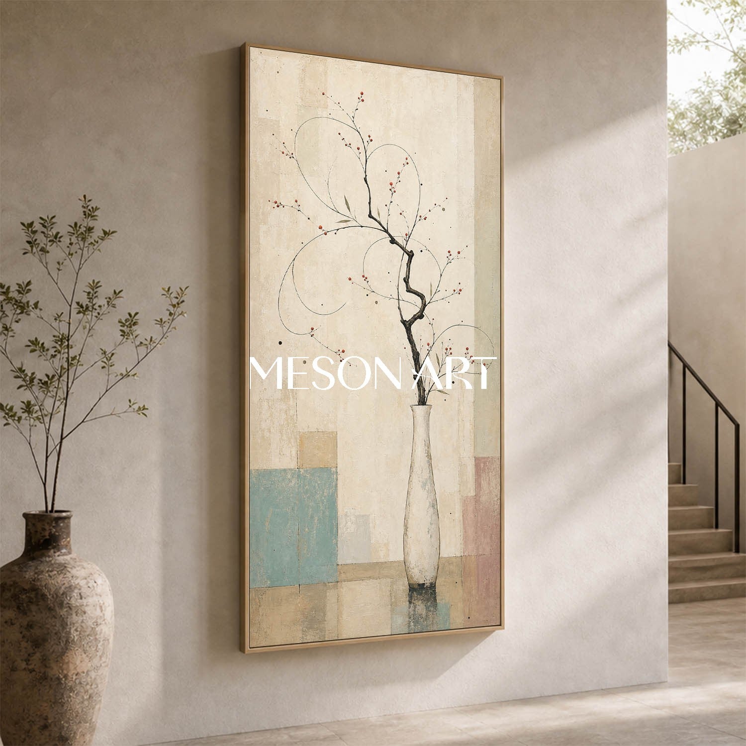 Large Vertical Floral Art Print For Entryway With Japandi Style Beige And Blue Tones