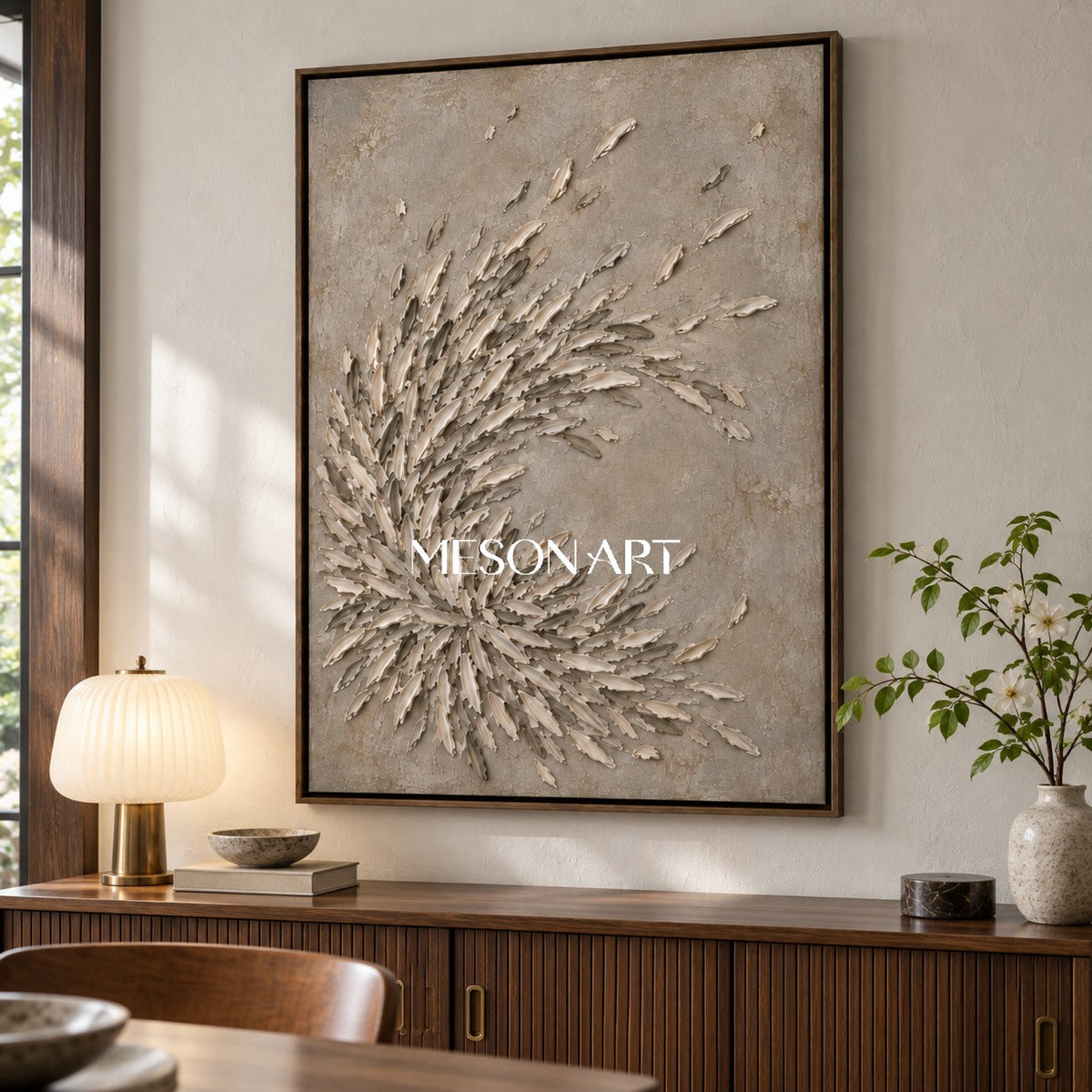 Beige And Gray Organic Minimalism Wall Art Rectangular For Living Room By Mesonart