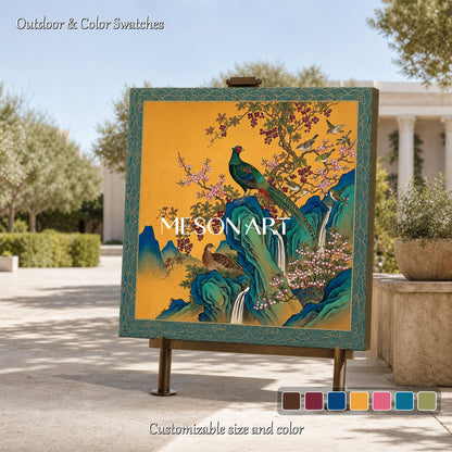 Gold And Blue Gongbi Bird And Blossom Painting Square Wall Art Original Chinese Style Artwork By Mesonart