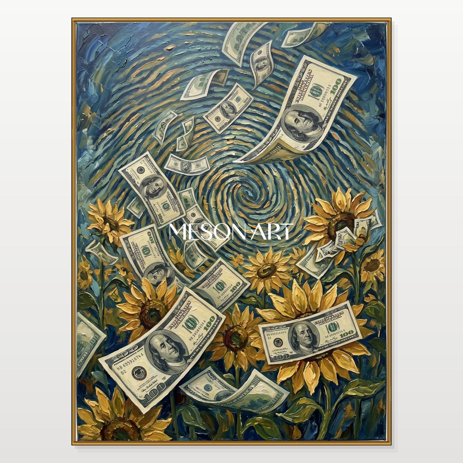 Blue And Yellow Surrealism Money Art Rectangular Wall Decor For Living Room Original Artist By Mesonart