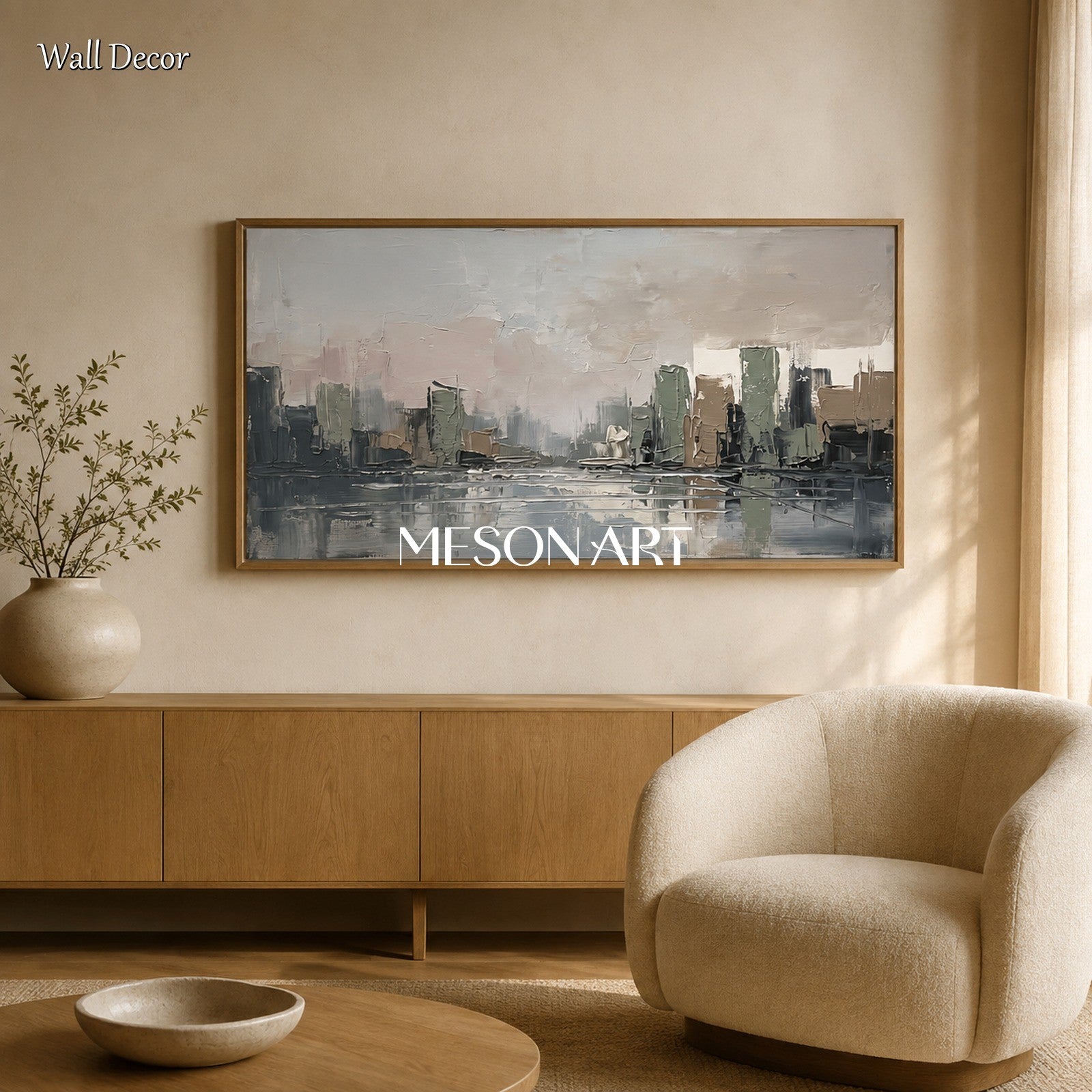 Gray And Beige Abstract Painting Panoramic Landscape Wall Art Original Artist Hand Painted By Mesonart