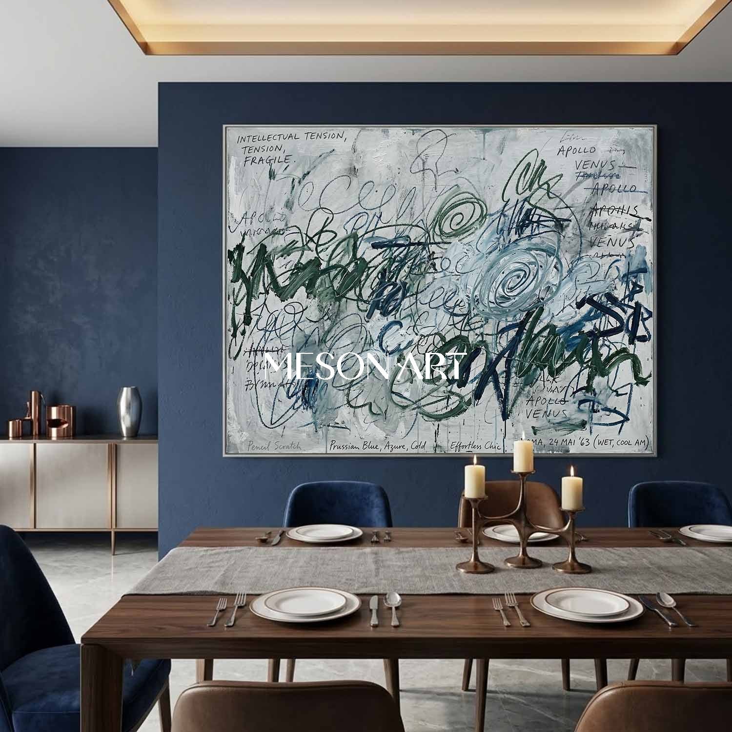 Original Prussian Blue Abstract Painting Large Scribble Art Statement