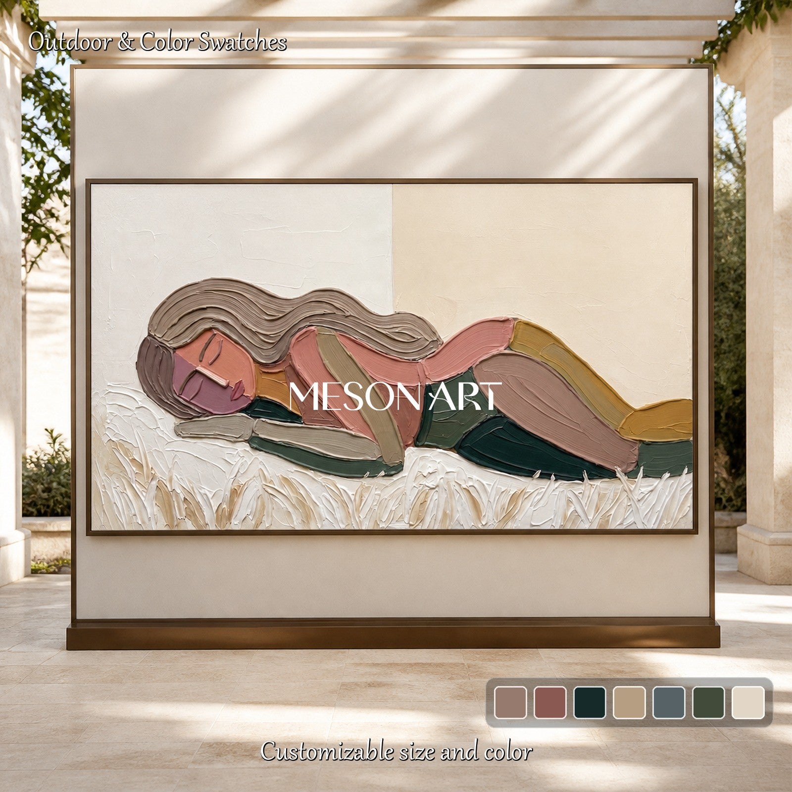 Beige And Pink Abstract Figurative Portrait Painting Panoramic Original Artist Hand Painted By Mesonart