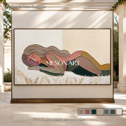 Beige And Pink Abstract Figurative Portrait Painting Panoramic Original Artist Hand Painted By Mesonart
