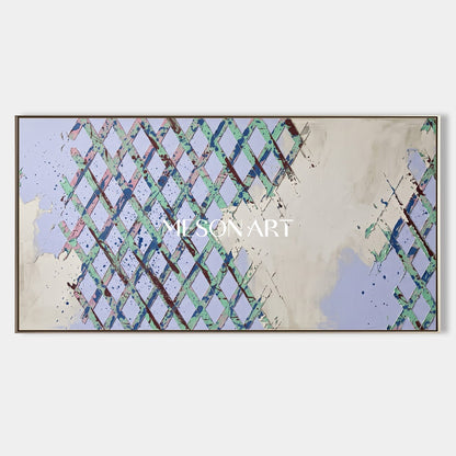 Minimalist Geometric Abstract Painting With Textured Lattice For Modern Living Room Or Home Office Decor
