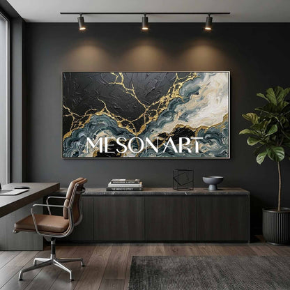 Large Black And Gold Abstract Painting With Plaster Texture For Modern Living Room Decor