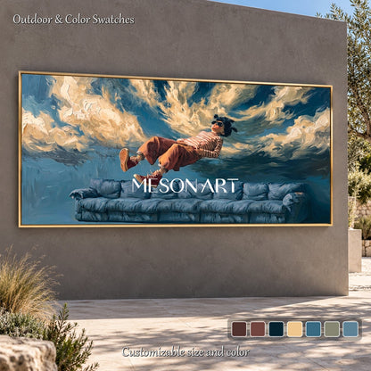 Blue And Brown Surrealist Painting Weightless Scene Panoramic Wall Art For Living Room By Mesonart