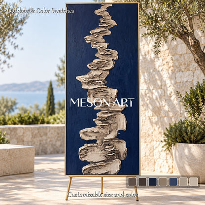Navy Blue And Gray Abstract Textured Art Panoramic Wall Decor For Living Room By Mesonart