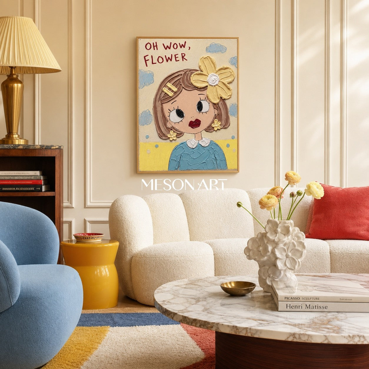 Colorful Cartoon Girl Painting With Floral Accents For Kids Bedroom Decor