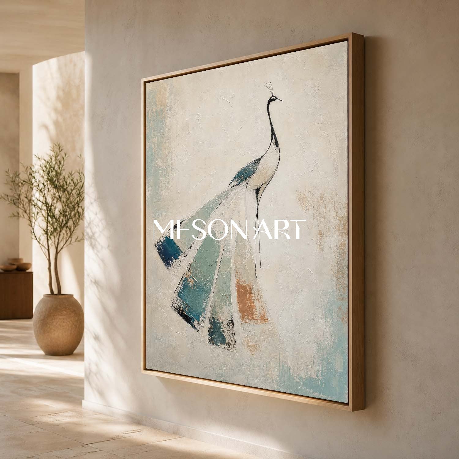 Elegant Peacock Abstract Painting In Beige And Teal For Art Deco Interior Design