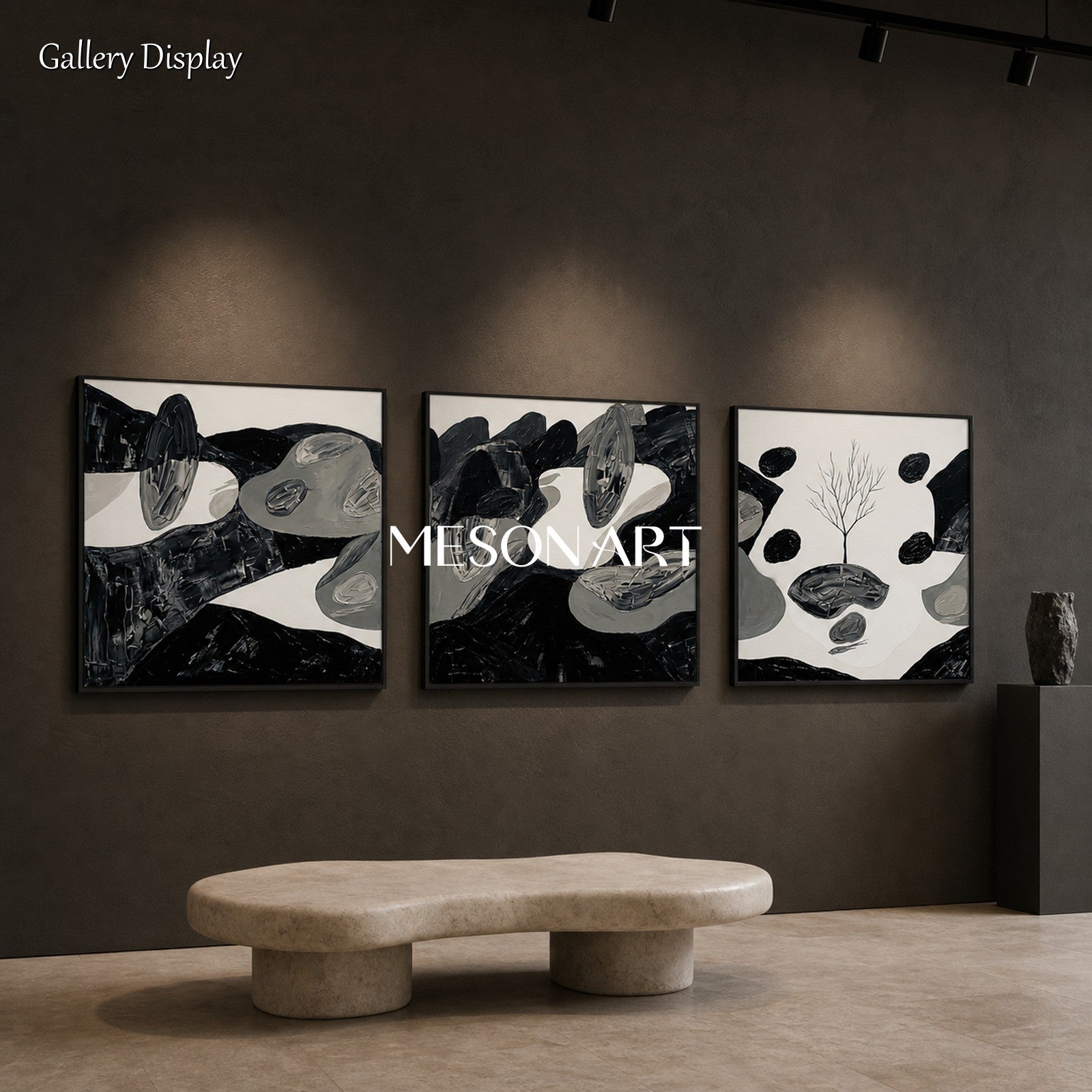 Abstract Black And White Oil Painting With Textured Relief For Modern Living Room Decor