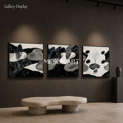 Abstract Black And White Oil Painting With Textured Relief For Modern Living Room Decor