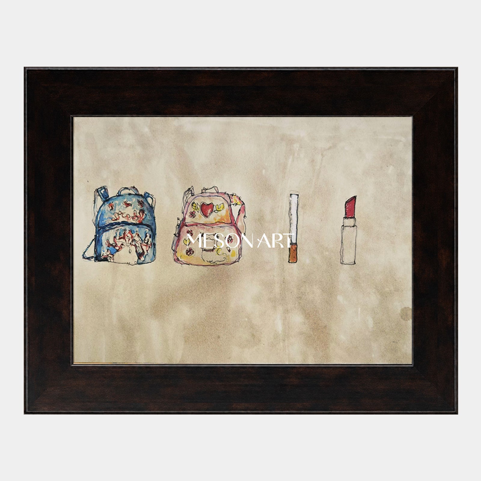 Abstract Still Life Painting With Backpacks And Lipstick In Beige Blue Tones For Modern Living Room Decor