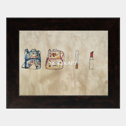 Abstract Still Life Painting With Backpacks And Lipstick In Beige Blue Tones For Modern Living Room Decor