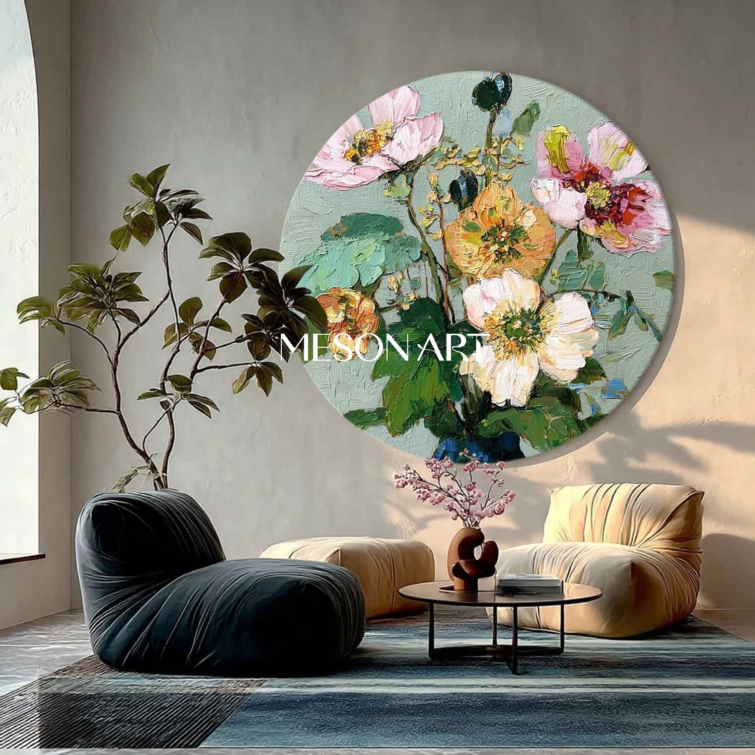 Textured Round Floral Oil Painting – Handcrafted Wall Decor