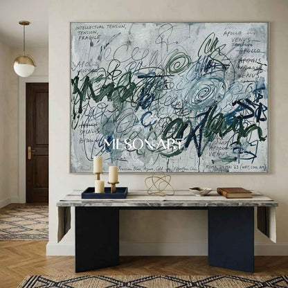 Original Prussian Blue Abstract Painting Large Scribble Art Statement