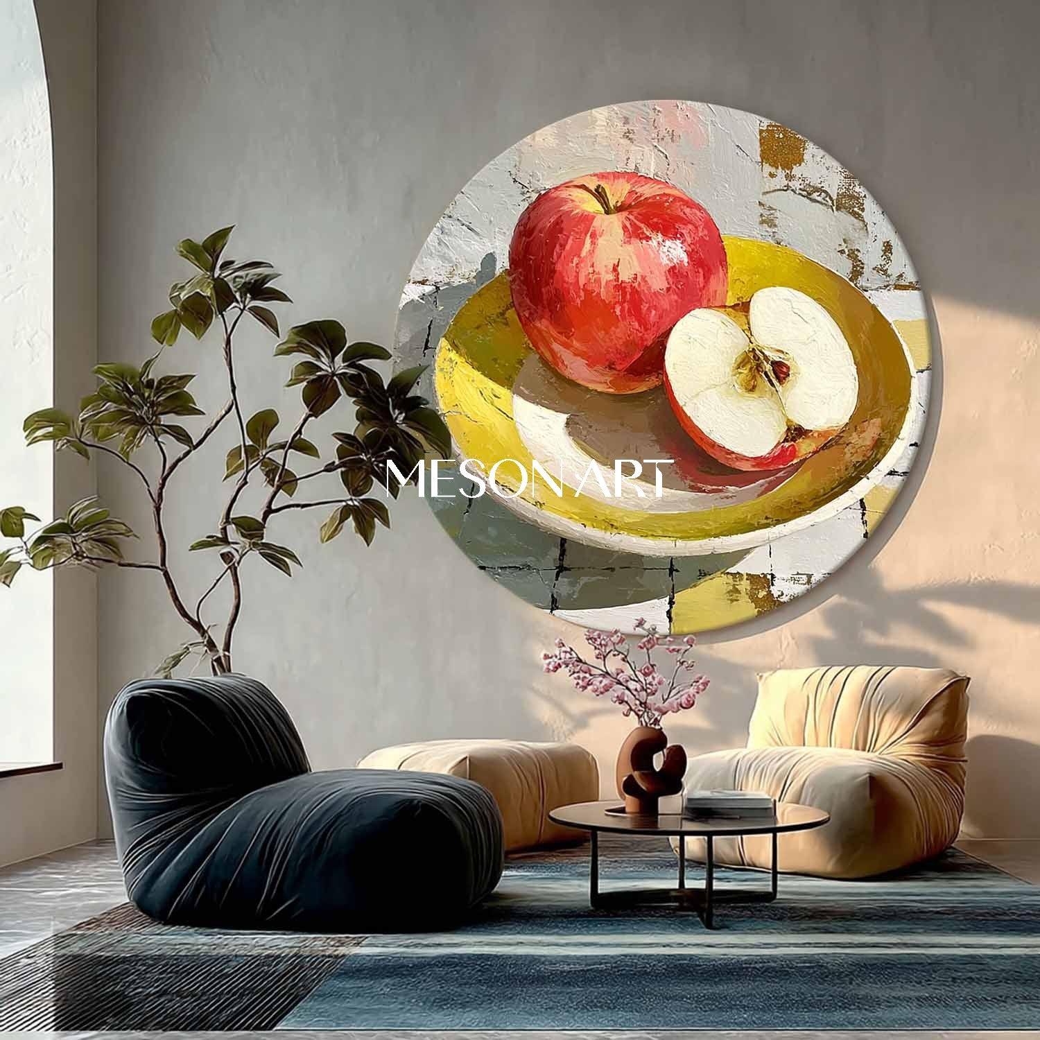 Round Canvas Printing – Apple Still Life Painting in Yellow Bowl