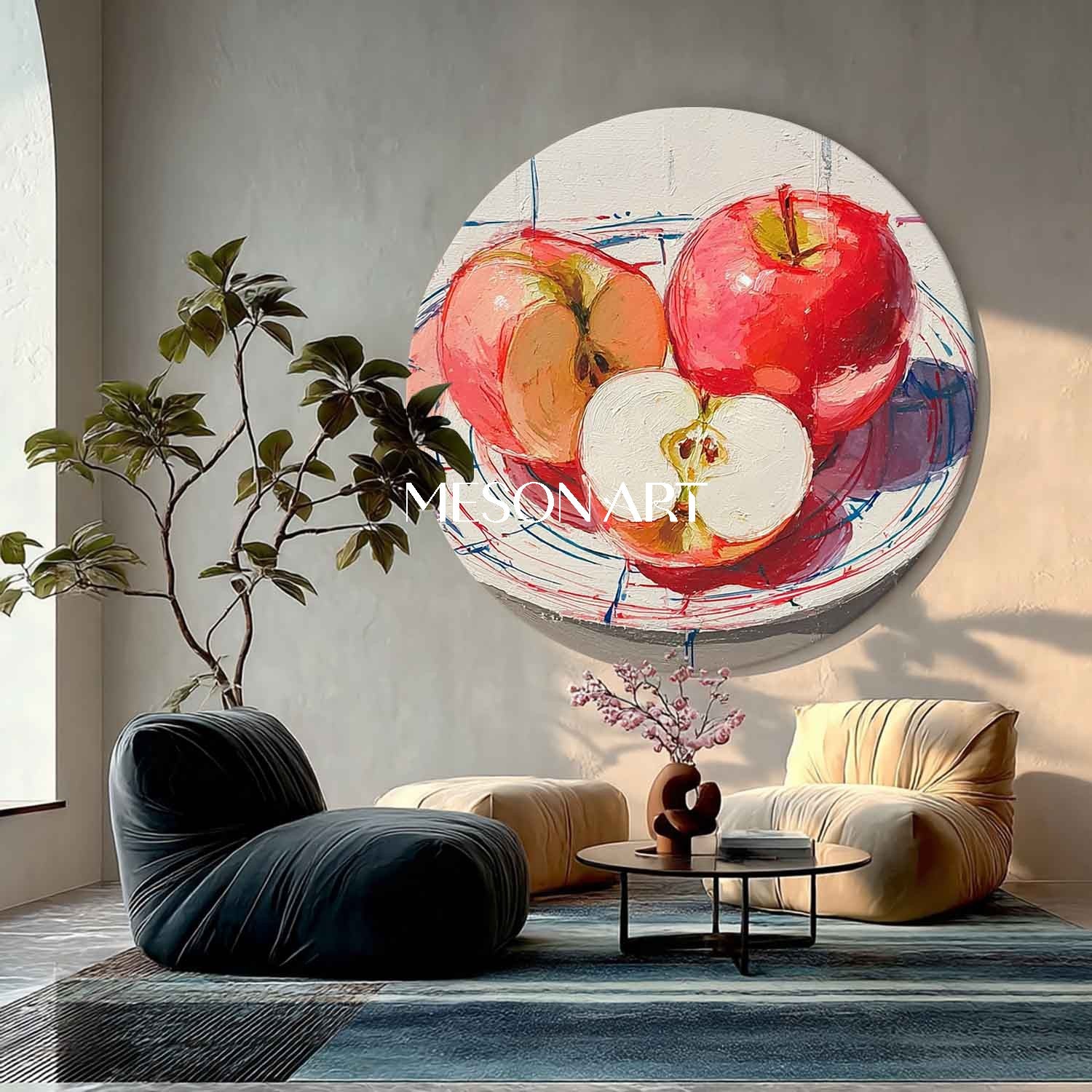 Vibrant Red Apple Still Life – Modern Kitchen Round Oil Painting Wall Art