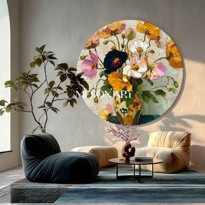 Round Floral Oil Painting – Hand-Painted Impasto Flower Vase