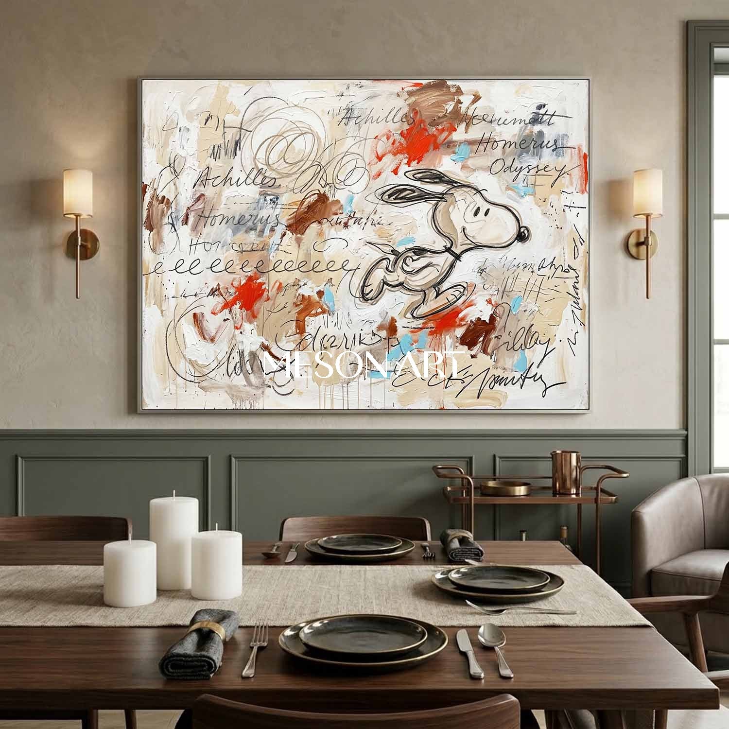 Original Pop Art Oil Painting Achilles Snoopy Framed Canvas Bedroom