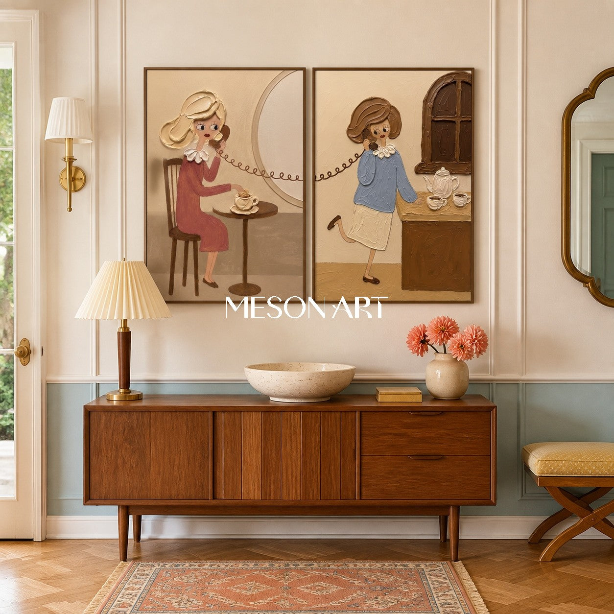 Vintage-Pop-Art-Gemälde für die Schlafzimmerwand mit strukturierten Figuren in Beige- und Rosatönen