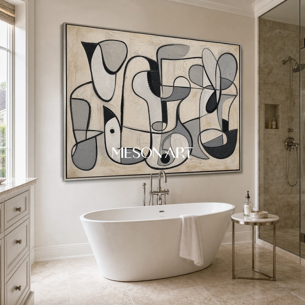 Minimalist Abstract Painting With Cubist Geometry In Beige Black Grey For Modern Home Decor