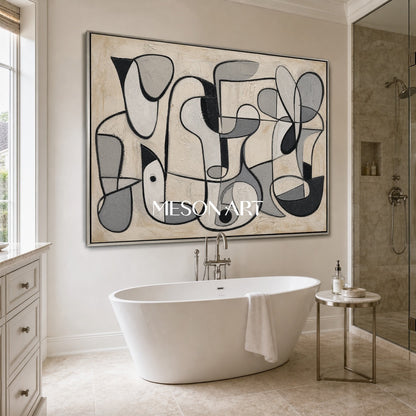 Minimalist Abstract Painting With Cubist Geometry In Beige Black Grey For Modern Home Decor