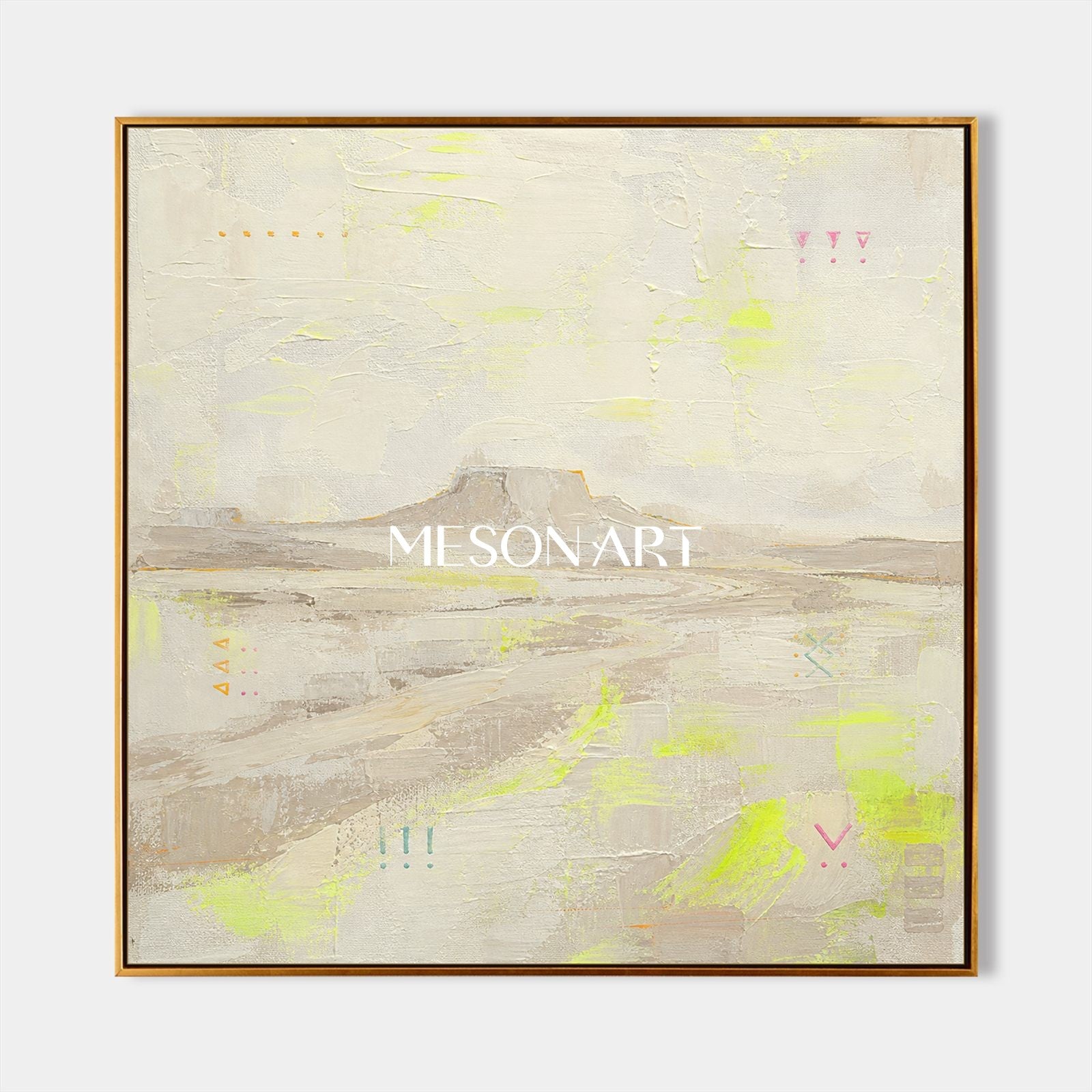 Natural Beige Abstract Landscape Oil Painting With Lime Green Accents For Modern Home Decor