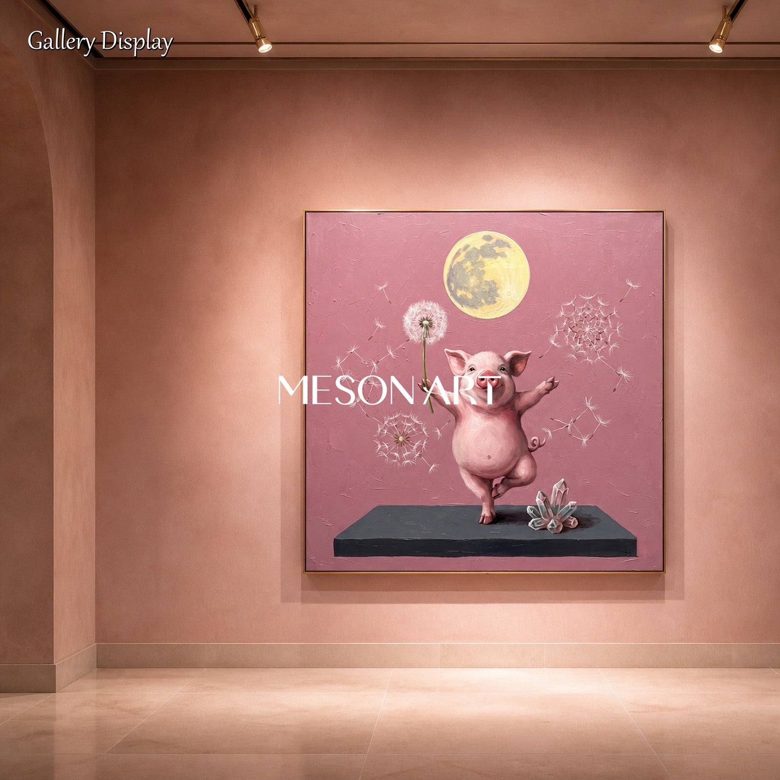 Pink And Gold Painting Surrealist Yoga Pig Original Artist Hand Painted Square Wall Art For Living Room By Mesonart