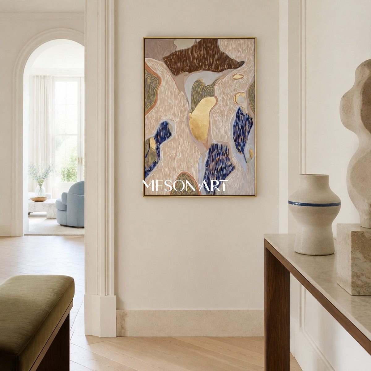 Beige And Gold Abstract Textured Painting Organic Contemporary Rectangular Wall Art For Living Room By Mesonart