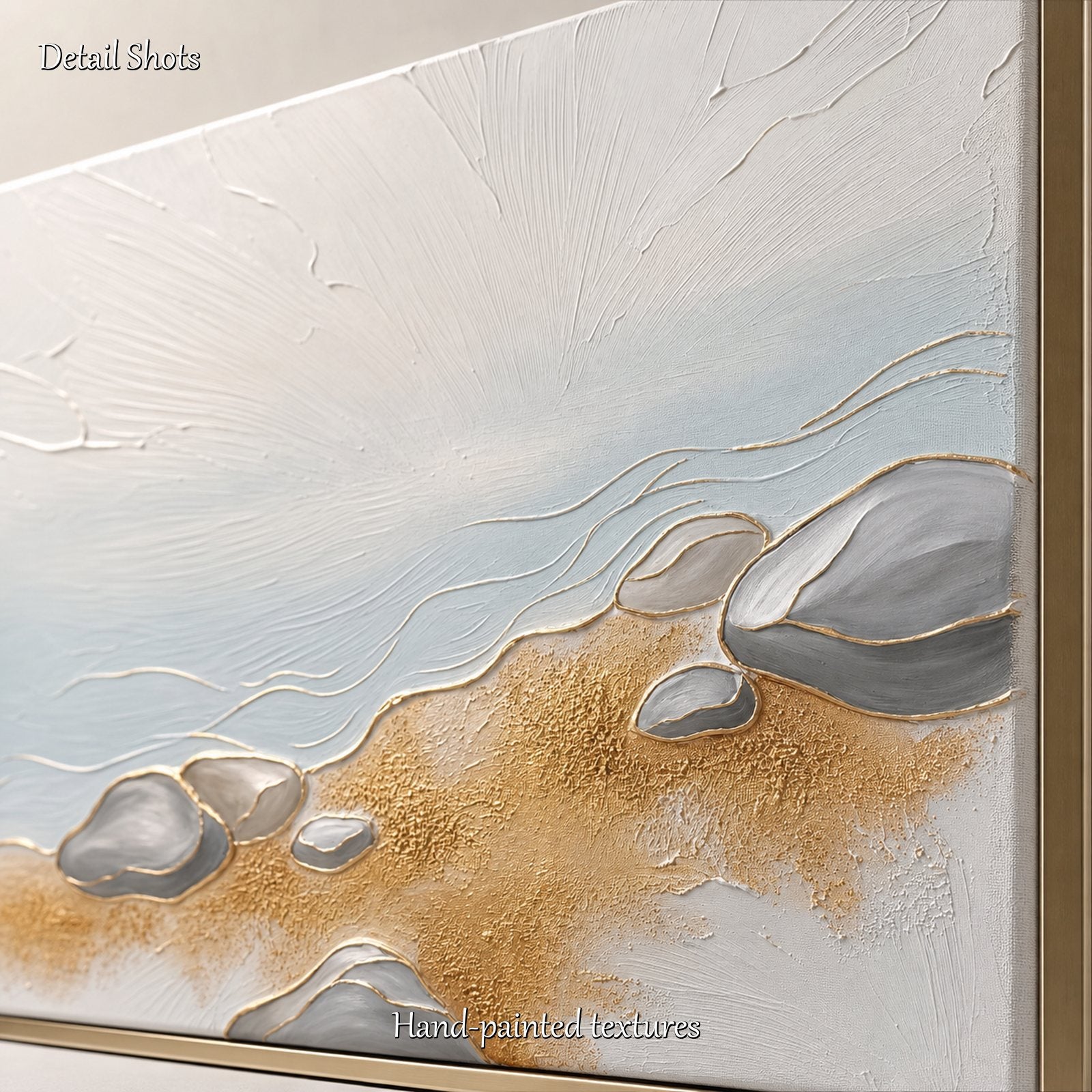 Quadro in pietra lacustre con texture 3D e dettagli dorati per decorare le pareti di un soggiorno moderno