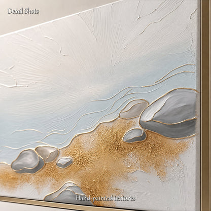 3D Textured Lake Stone Painting With Gold Accents For Modern Living Room Wall Decor