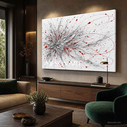 Red And Silver Abstract Painting For Modern Living Room Decor With Textured Relief
