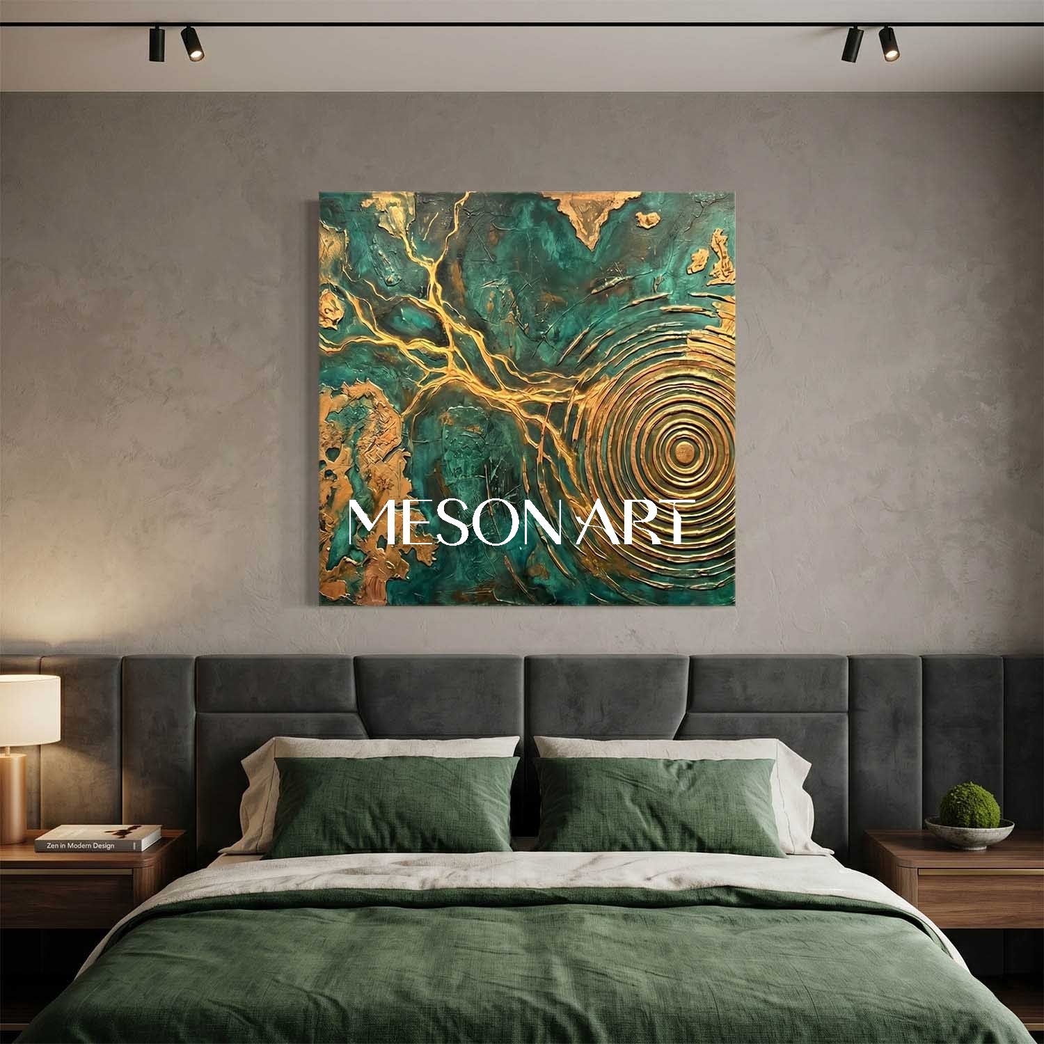 Emerald Green And Gold Abstract Painting With Textured Relief For Modern Living Room Decor