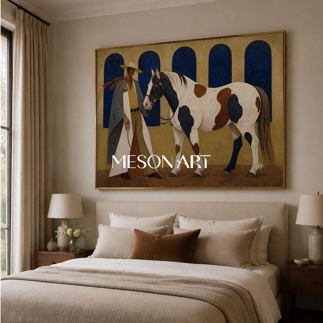 Cowboy And Horse Painting With Impasto Texture For Farmhouse Living Room Decor