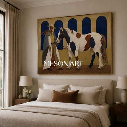 Cowboy And Horse Painting With Impasto Texture For Farmhouse Living Room Decor