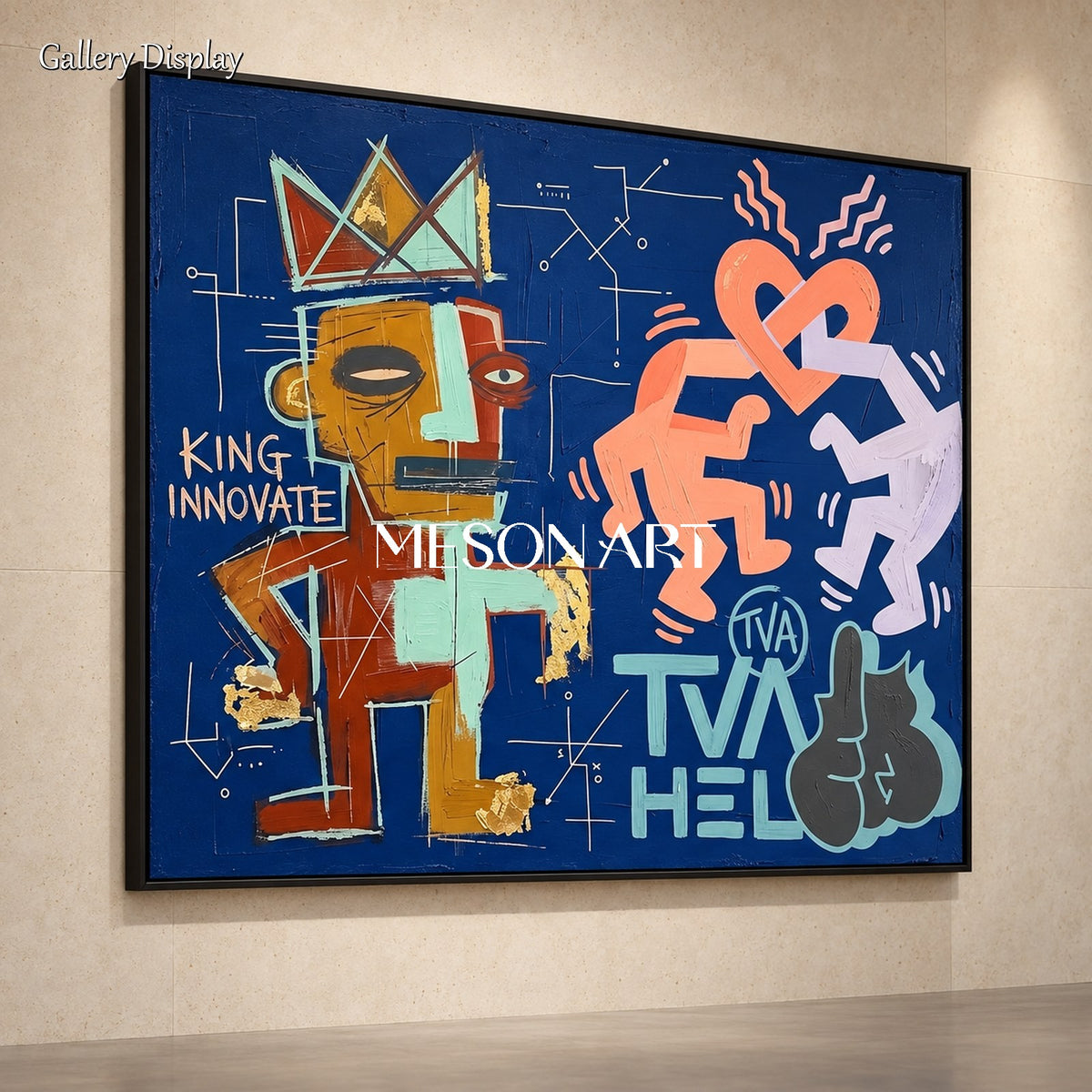 Blue And Gold Graffiti Art Keith Haring Style Rectangular Wall Decor For Living Room By Mesonart