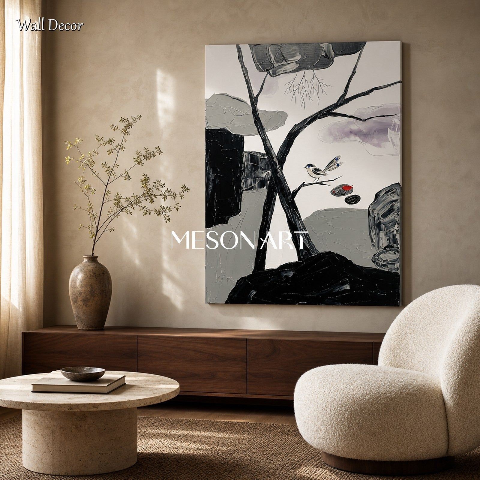 Art Deco Black White Bird Painting With Red Accent For Modern
