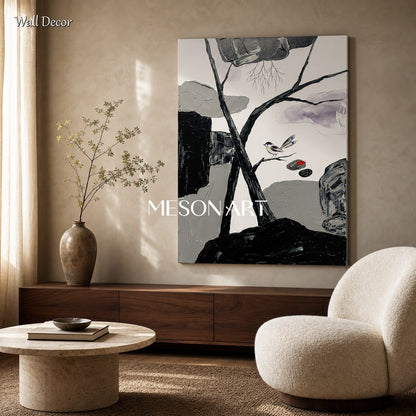 Art Deco Black White Bird Painting With Red Accent For Modern Living Room Entryway Decor