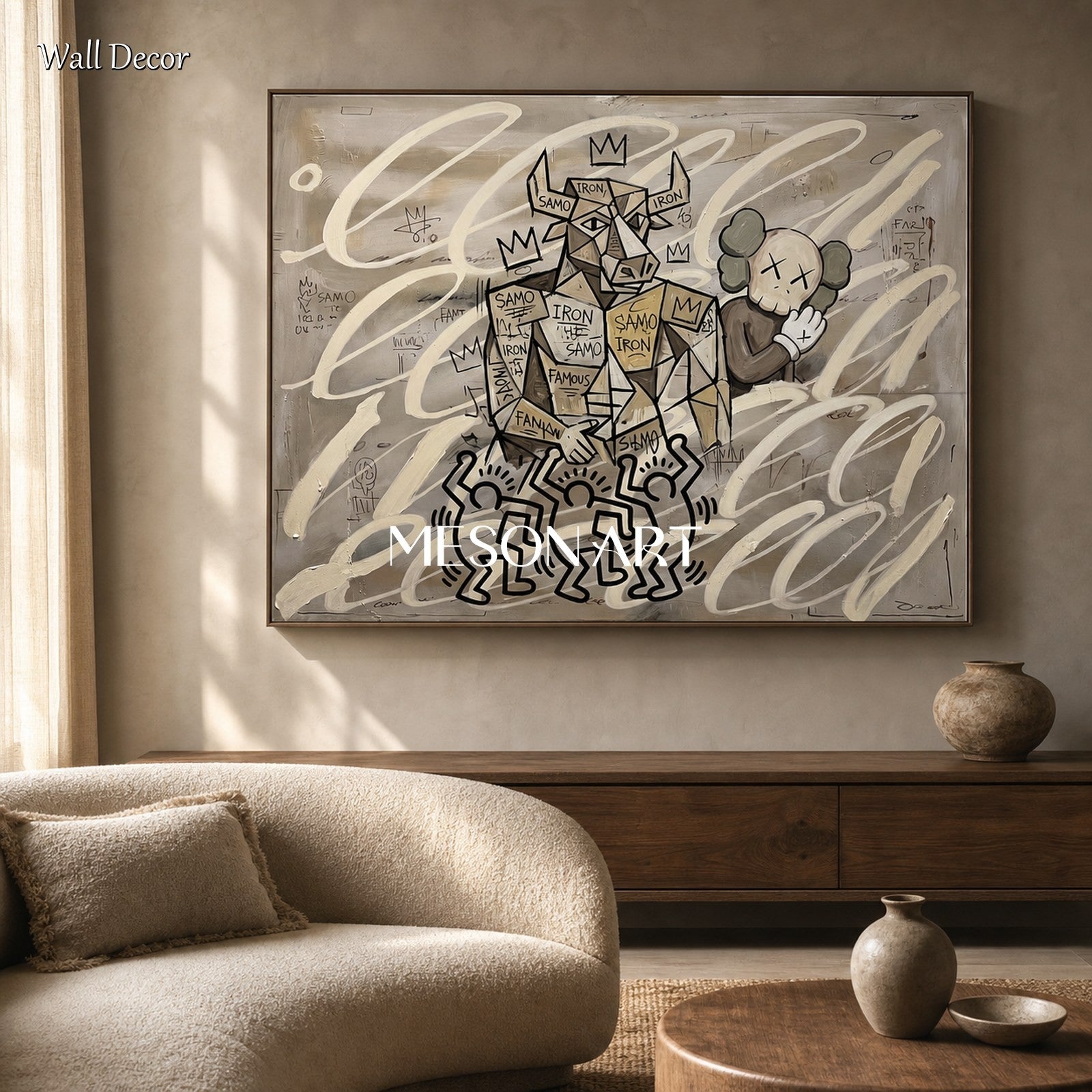 Abstract Graffiti Style Painting With Pop Culture Icons For Modern Living Room Decor