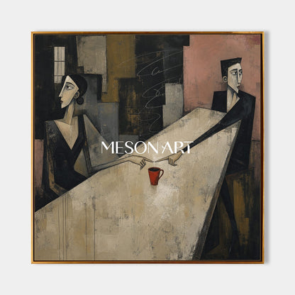 Beige And Black Cubist Abstract Art Square Canvas Painting Original Artist Hand Painted By Mesonart